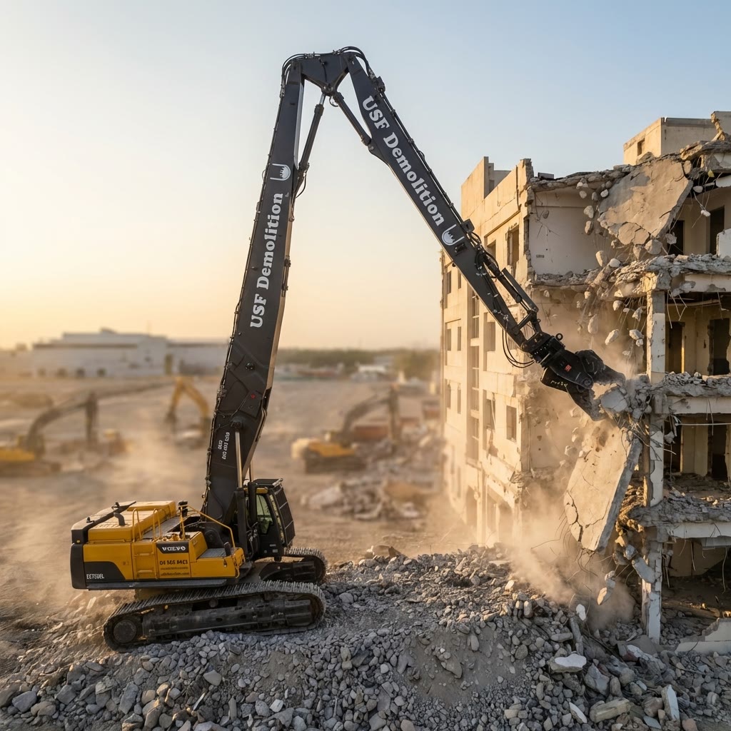 Volvo EC750DL demolition excavator at sunset on UAE project site