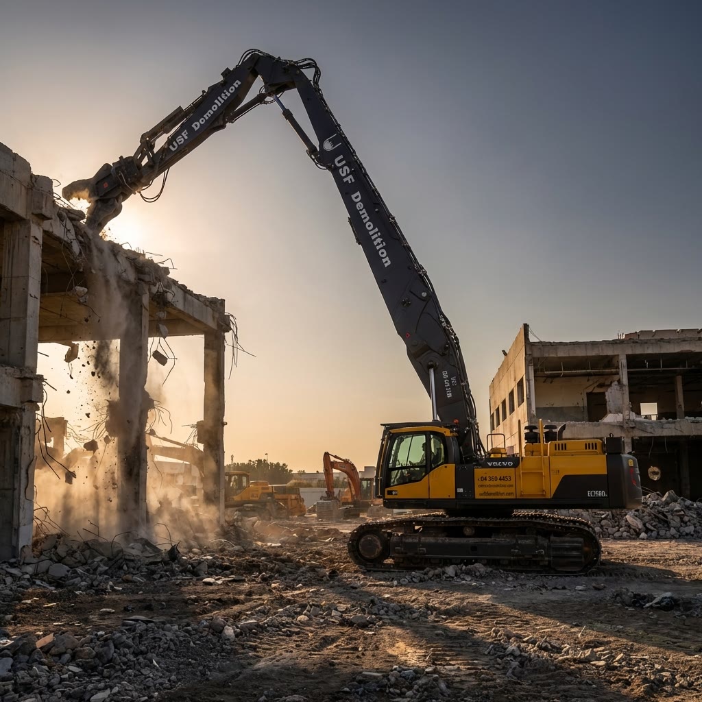 USF Demolition Volvo EC750DL long boom excavator in action