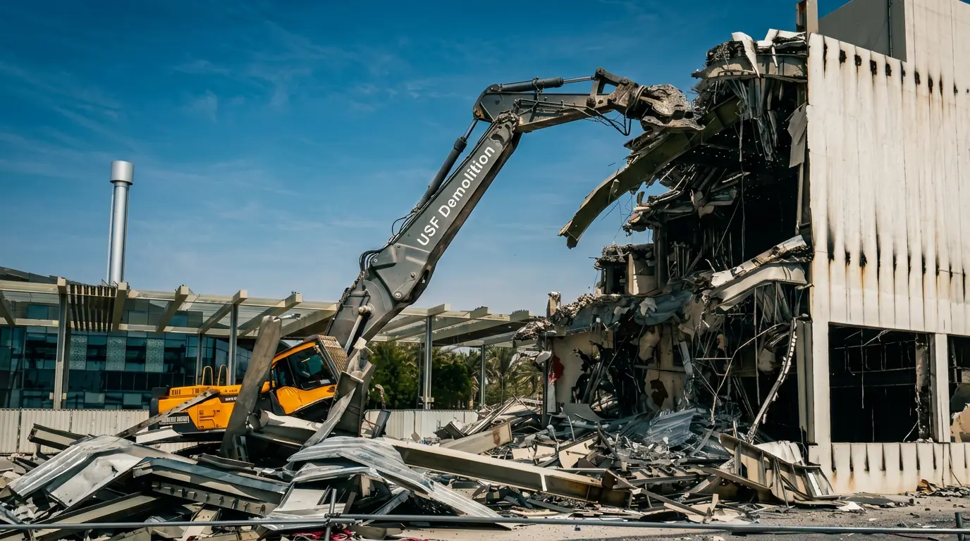 USF Demolition Works LLC high-reach excavator dismantling a building on a UAE site